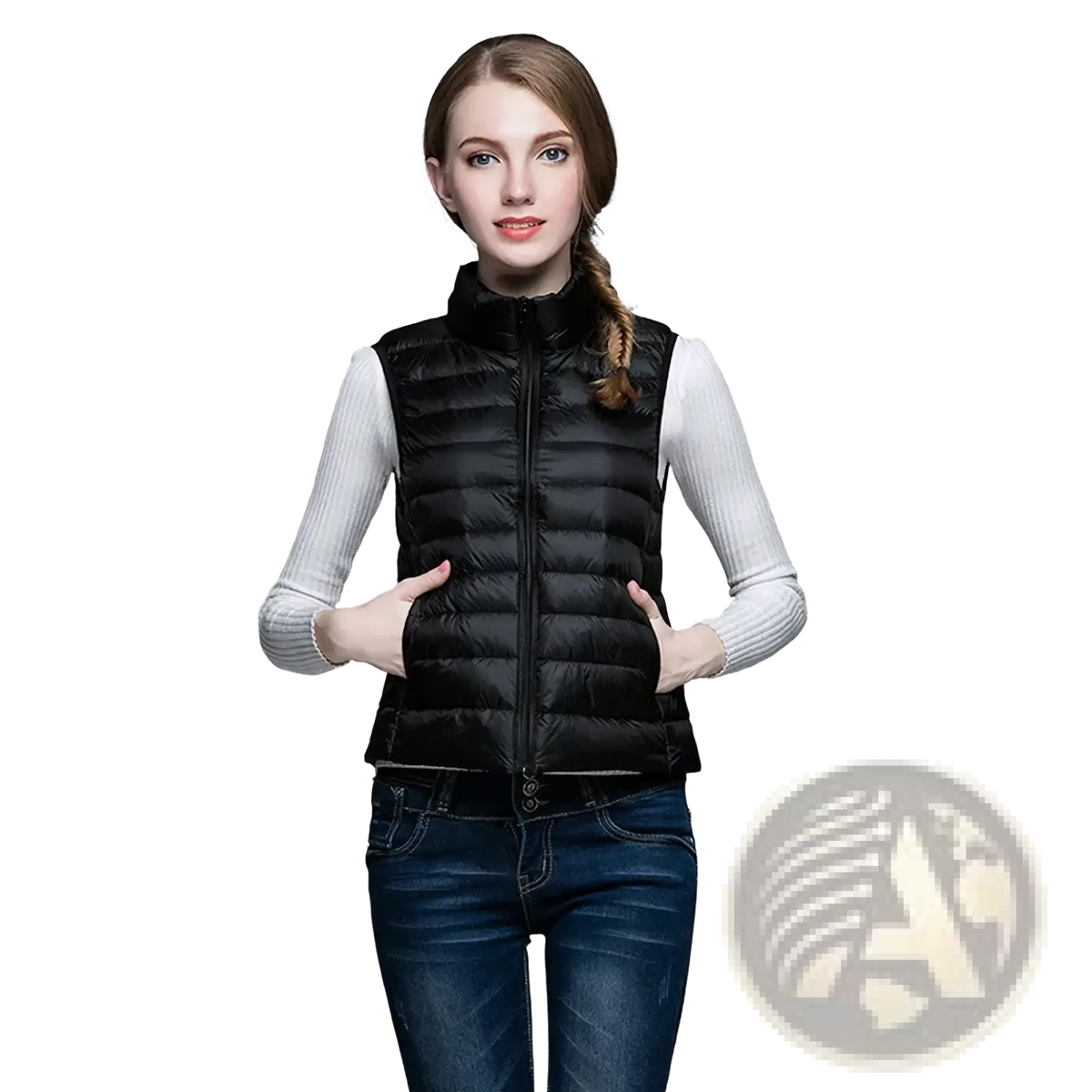 Black quilted puffer vest with high collar and front zipper designed for women winter warm outerwear