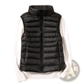Black quilted puffer vest with high collar and front zipper worn over white sweater for winter warm outerwear