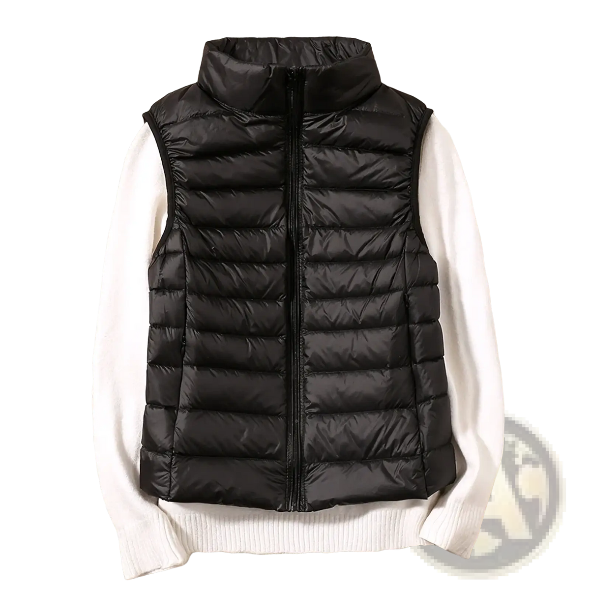 Black quilted puffer vest with high collar and front zipper worn over white sweater for winter warm outerwear
