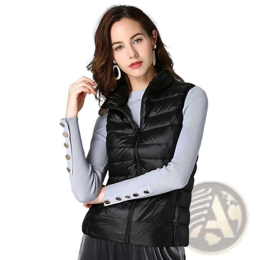 Black quilted puffer vest for women with front zipper and button details on sleeves winter warm outerwear