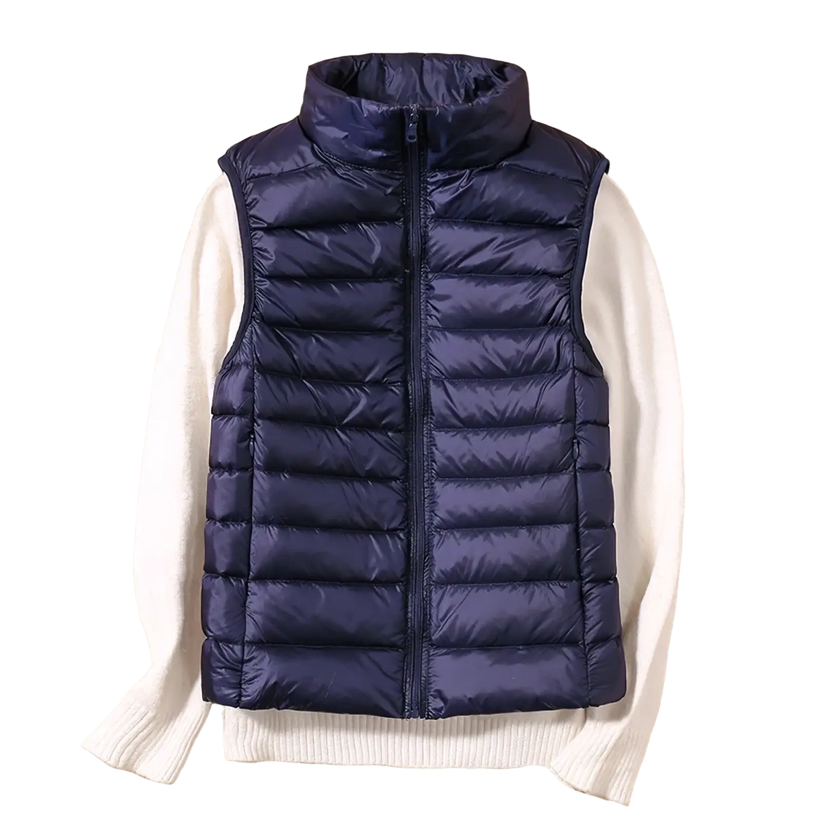 Navy blue quilted puffer vest with high collar and front zipper for women winter warm outerwear