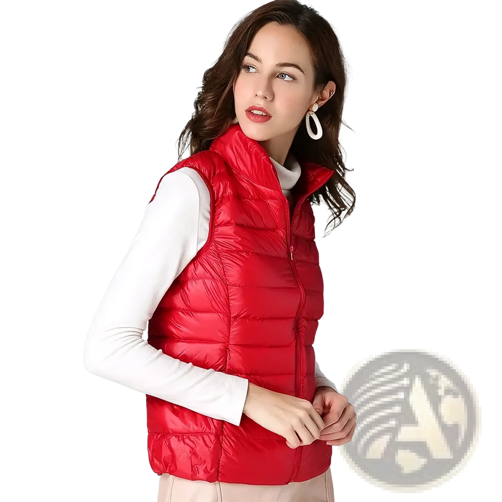 A vibrant red quilted puffer vest with high collar and front zipper for women winter warm outerwear