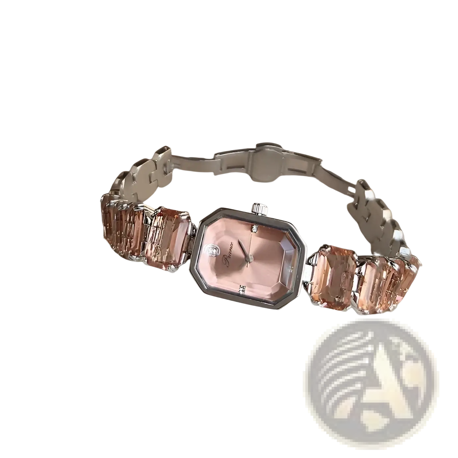 A delicate rose gold women quartz crystal watch with an octagonal face and peach crystal-adorned bracelet