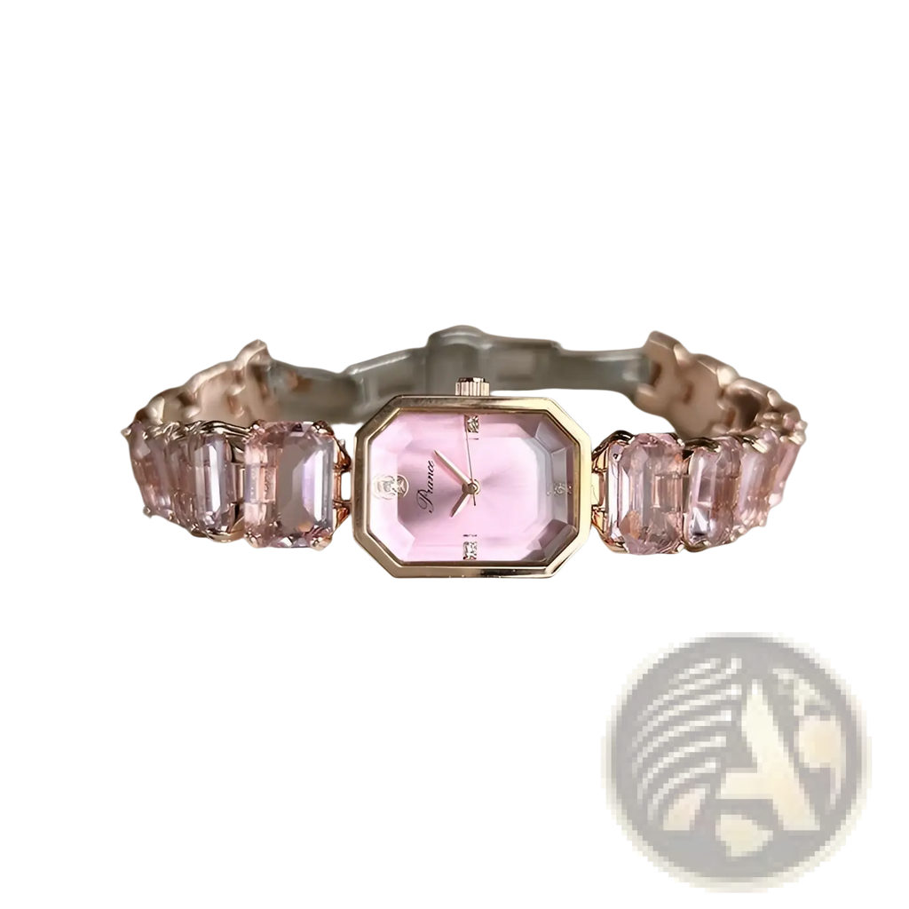 Women quartz crystal watch in rose gold featuring a pink faceted crystal face and gemstone-adorned bracelet