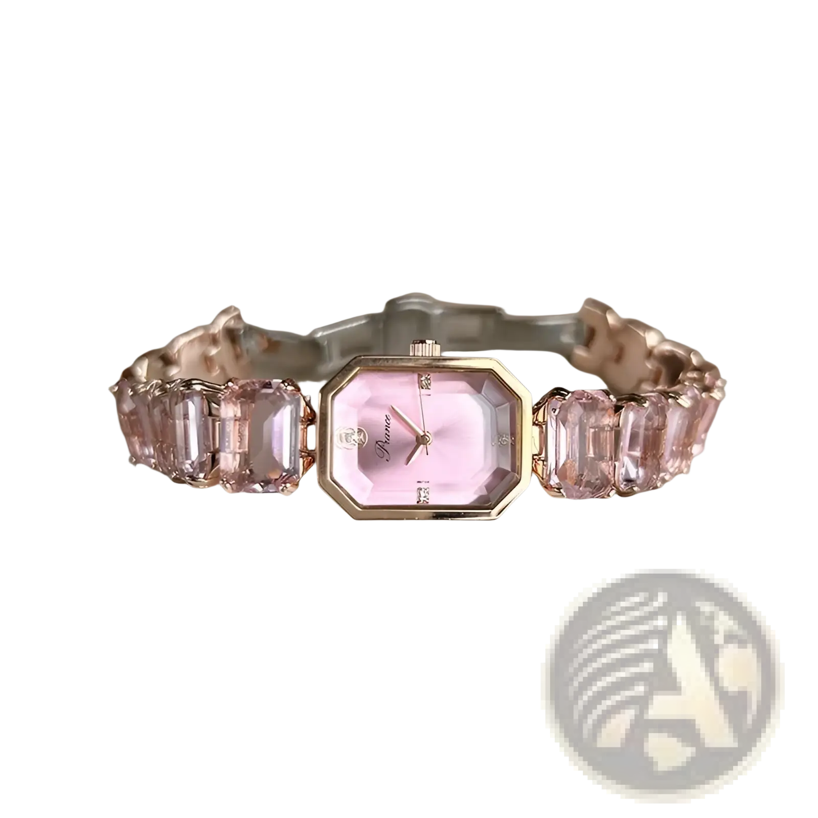 Women quartz crystal watch in rose gold featuring a pink faceted crystal face and gemstone-adorned bracelet