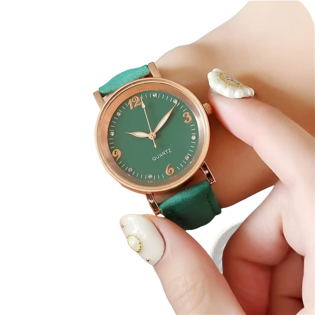 Women quartz watch with delicate green leather strap rose gold case dial and diamond-like hour markers