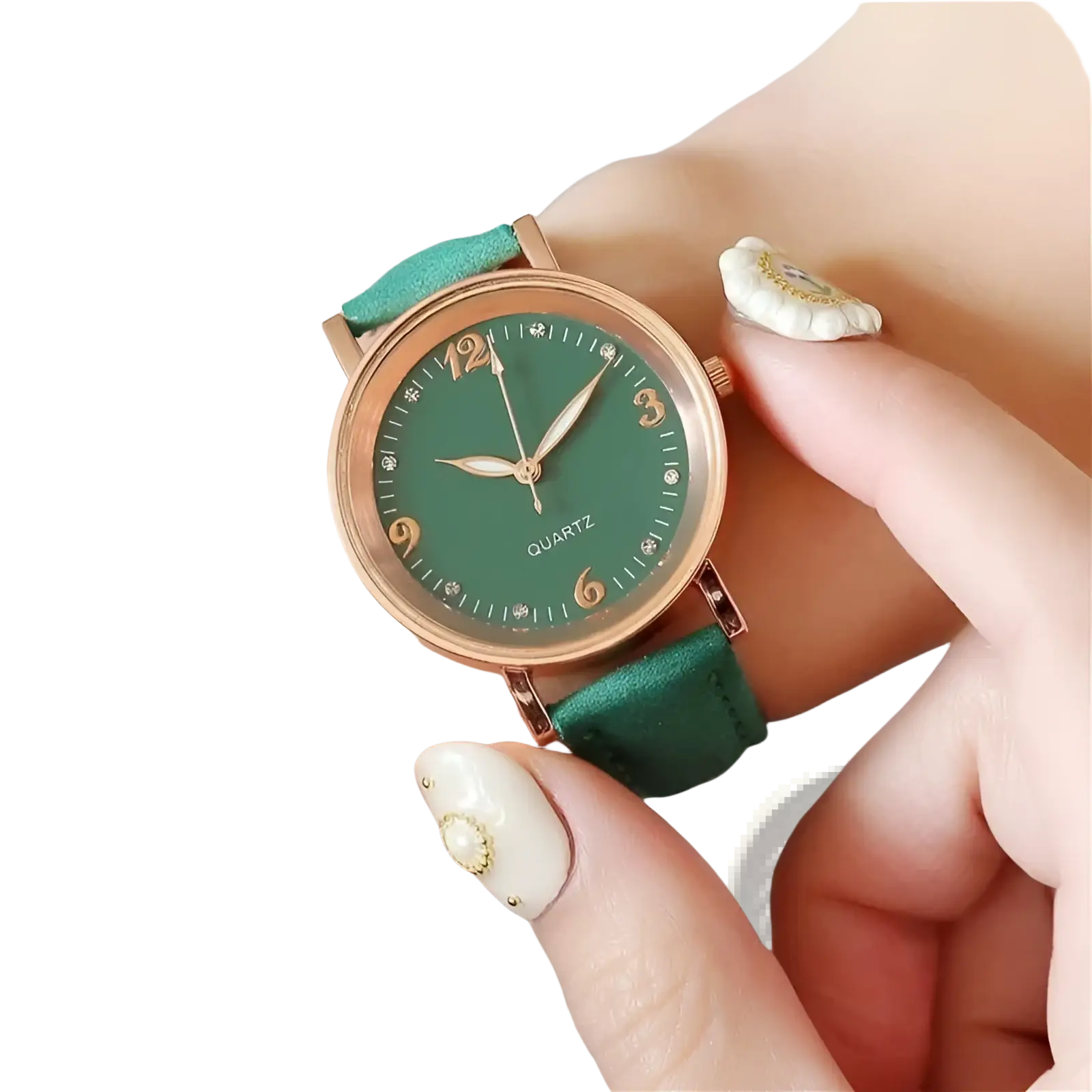 Women quartz watch with delicate green leather strap rose gold case dial and diamond-like hour markers