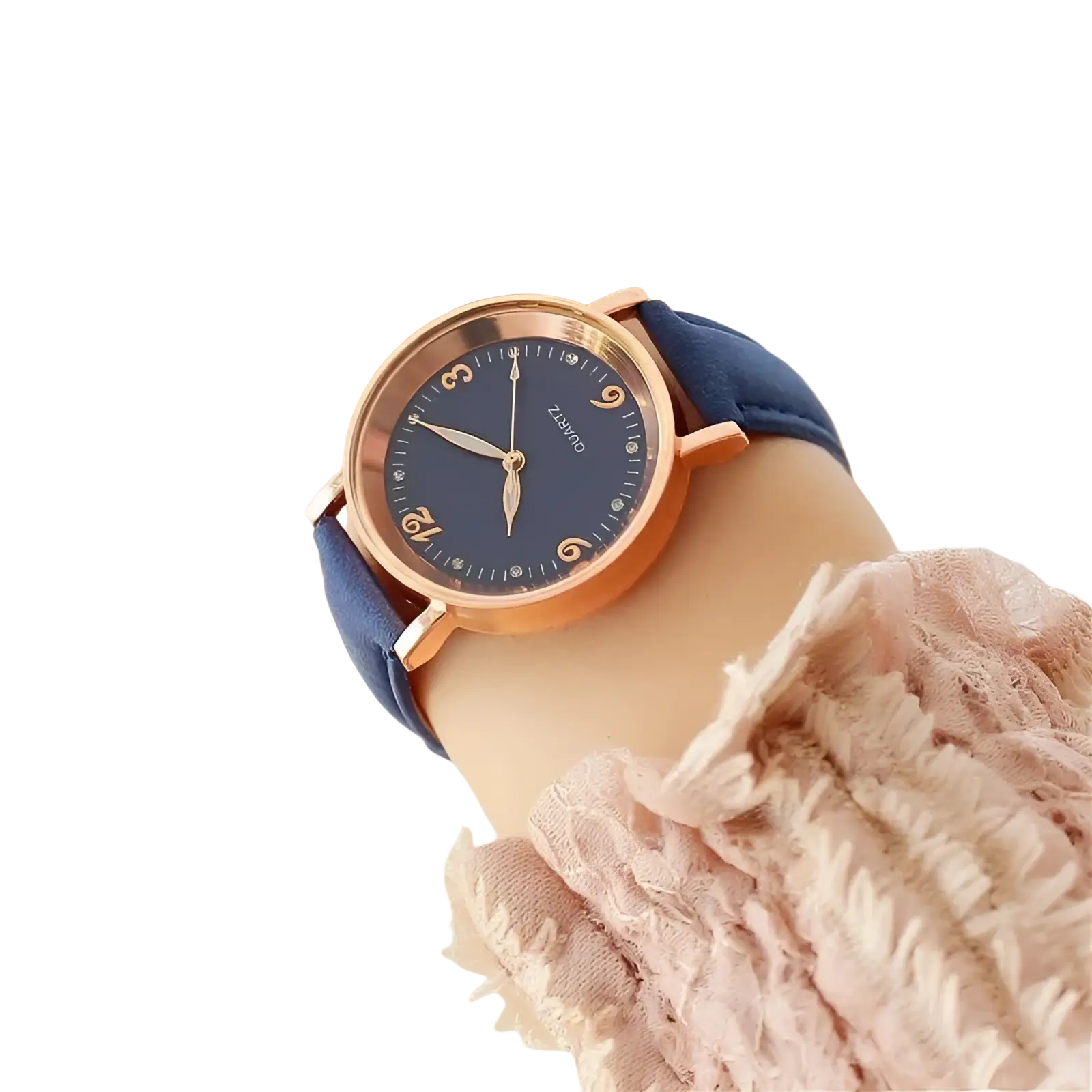 A women quartz watch with a rose gold dial, navy blue leather band, and diamond-studded hour markers