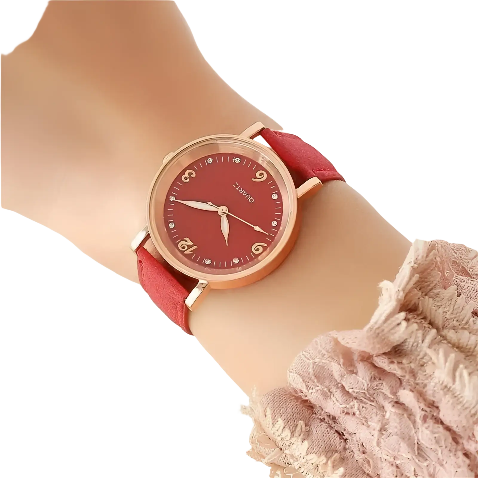 Women quartz watch with rose gold case red dial diamond hour markers and matching red suede leather band
