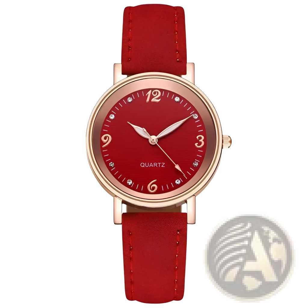 Women quartz watch with red leather strap rose gold case and dial featuring diamond-like markers