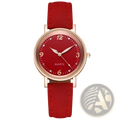 Women quartz watch with red leather strap rose gold case and dial featuring diamond-like markers