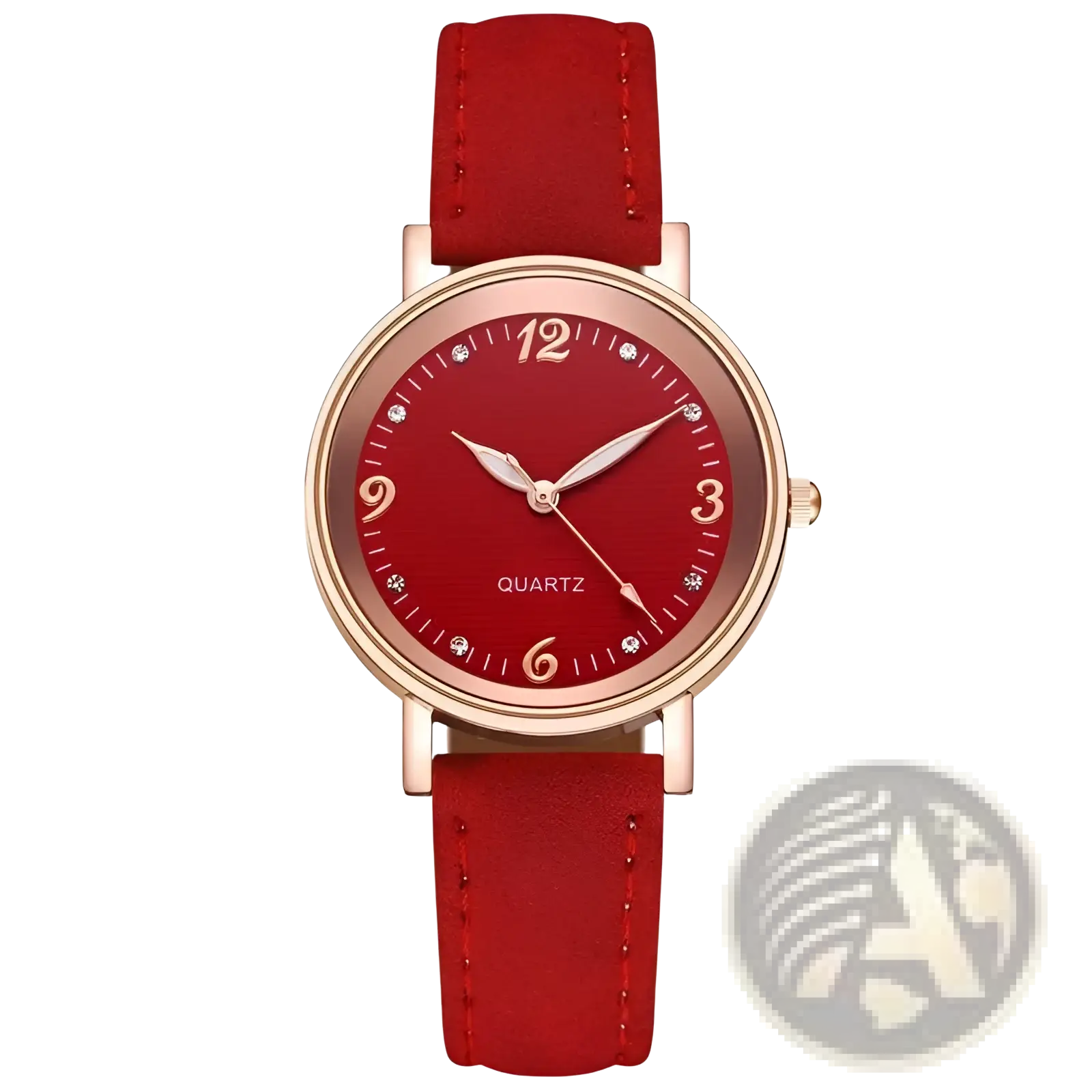 Women quartz watch with red leather strap rose gold case and dial featuring diamond-like markers