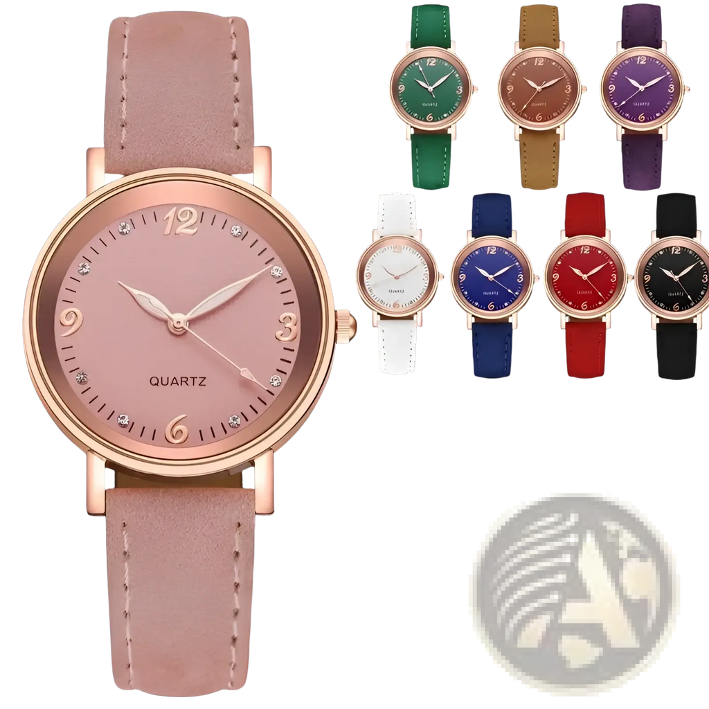 Rose gold-tone women quartz watch with pink suede leather band and diamond-like hour markers on rose gold dial