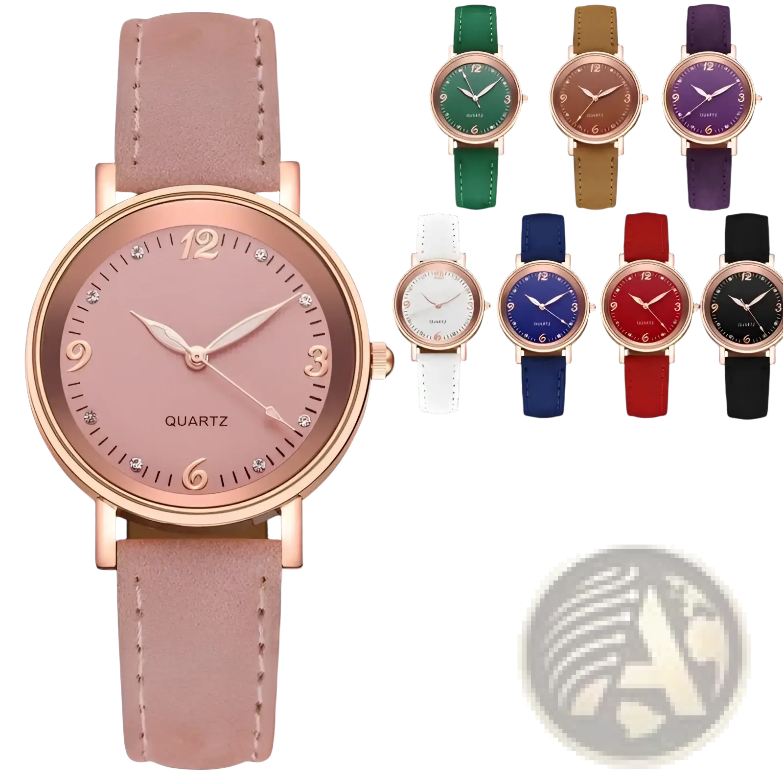 Rose gold-tone women quartz watch with pink suede leather band and diamond-like hour markers on rose gold dial