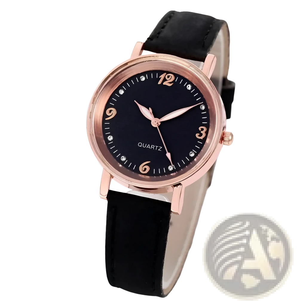 Women quartz watch with rose gold-toned case, black dial, diamond hour markers, and black leather strap