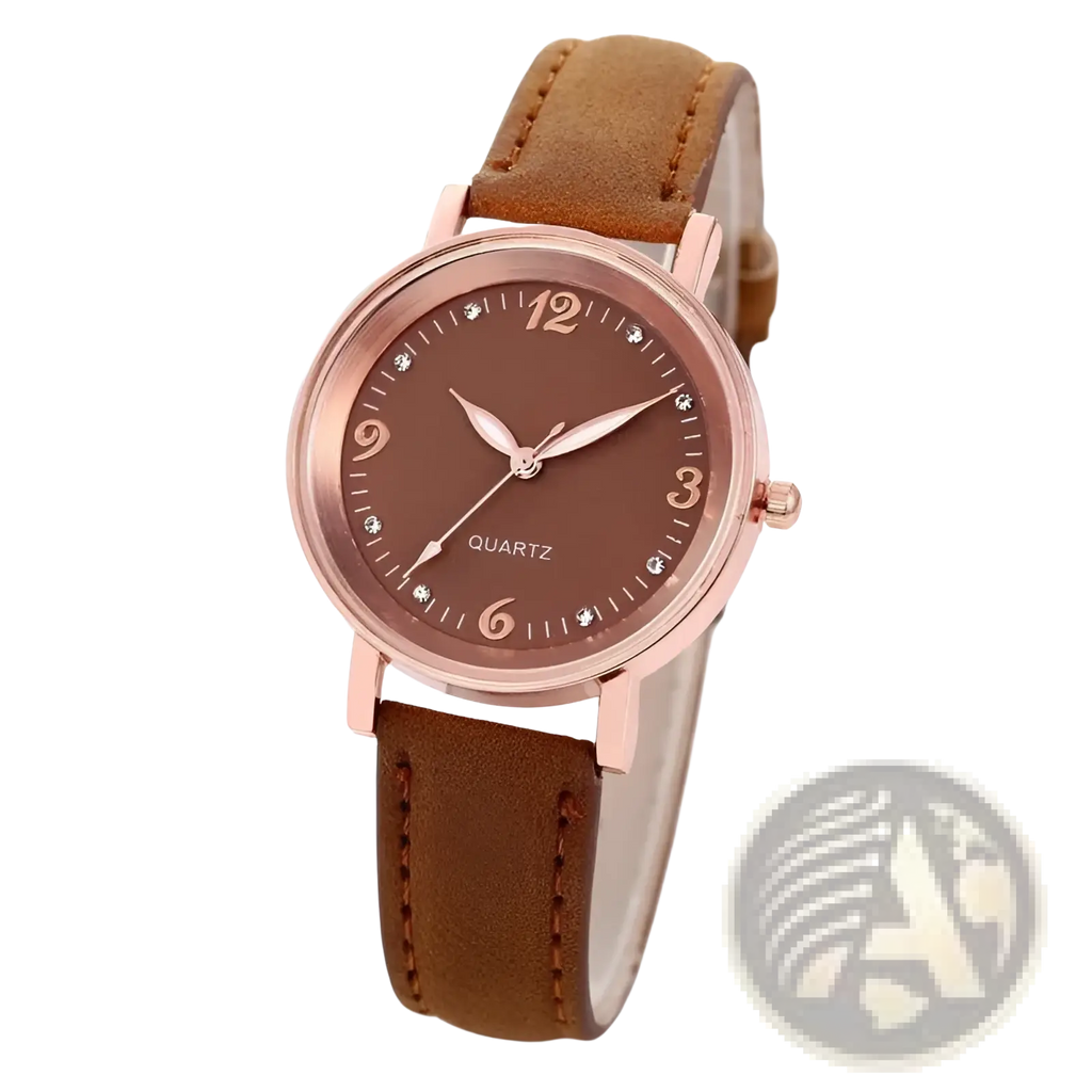 Women quartz watch with rose gold dial, brown leather band, and crystal markers on matching brown dial