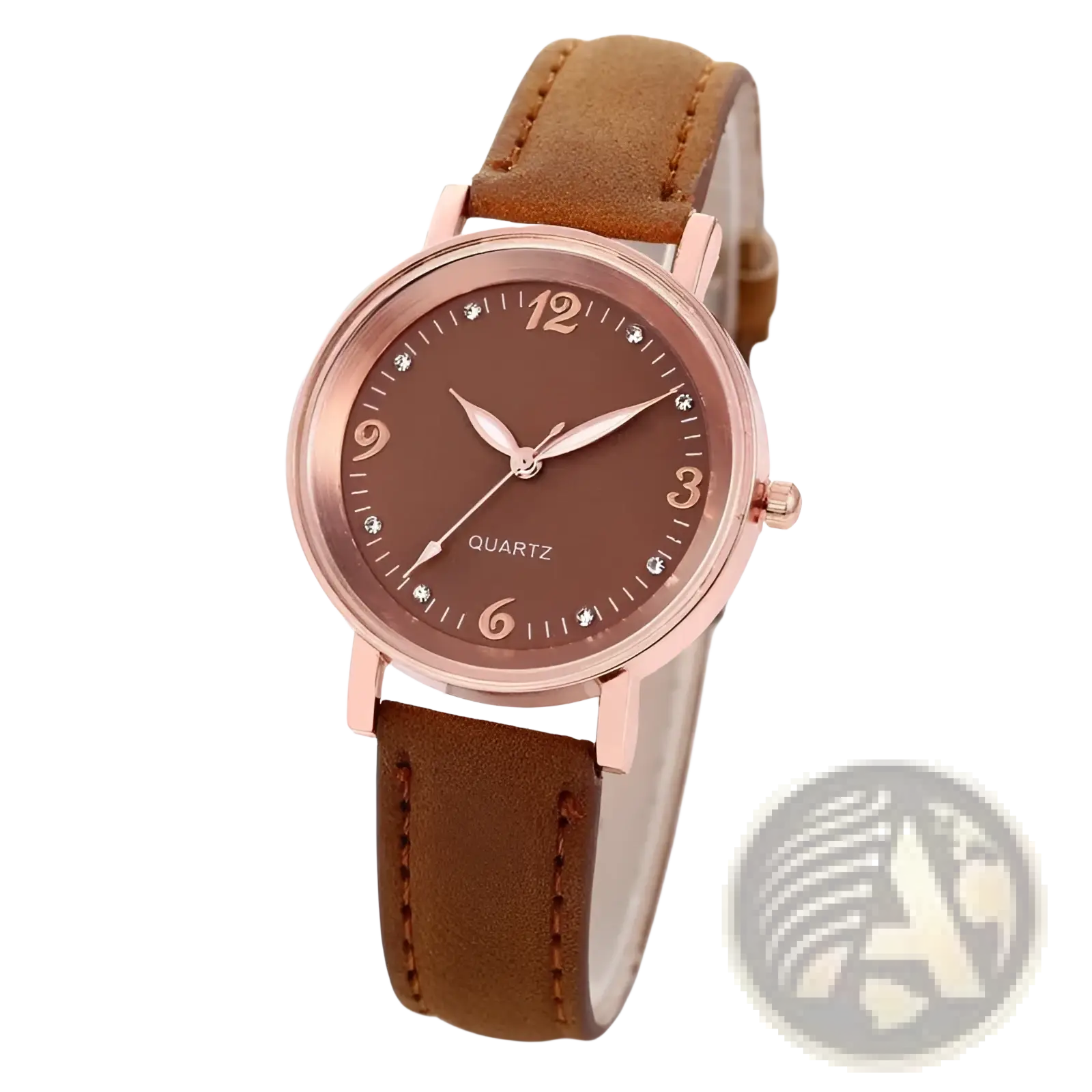 Women quartz watch with rose gold dial, brown leather band, and crystal markers on matching brown dial