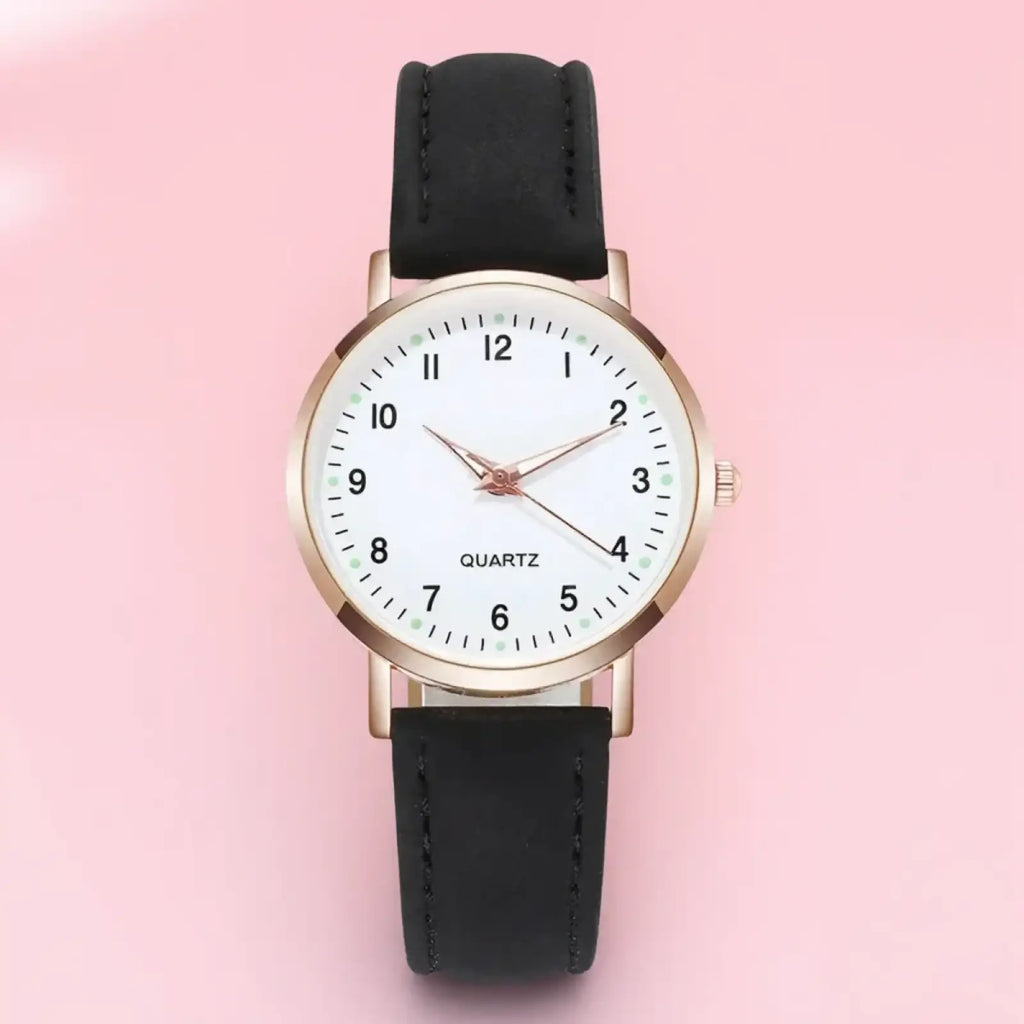 Women quartz watch with minimalist white dial black numerals rose gold-tone case and black pu leather strap
