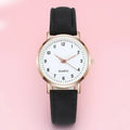 Women quartz watch with minimalist white dial black numerals rose gold-tone case and black pu leather strap