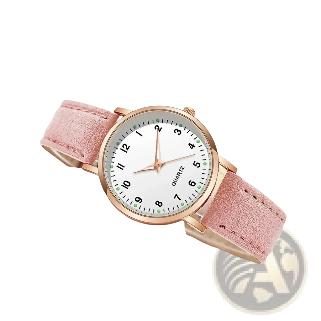A delicate rose gold kismis quartz women quartz watch with white dial, green hour markers, and soft pink pu leather strap