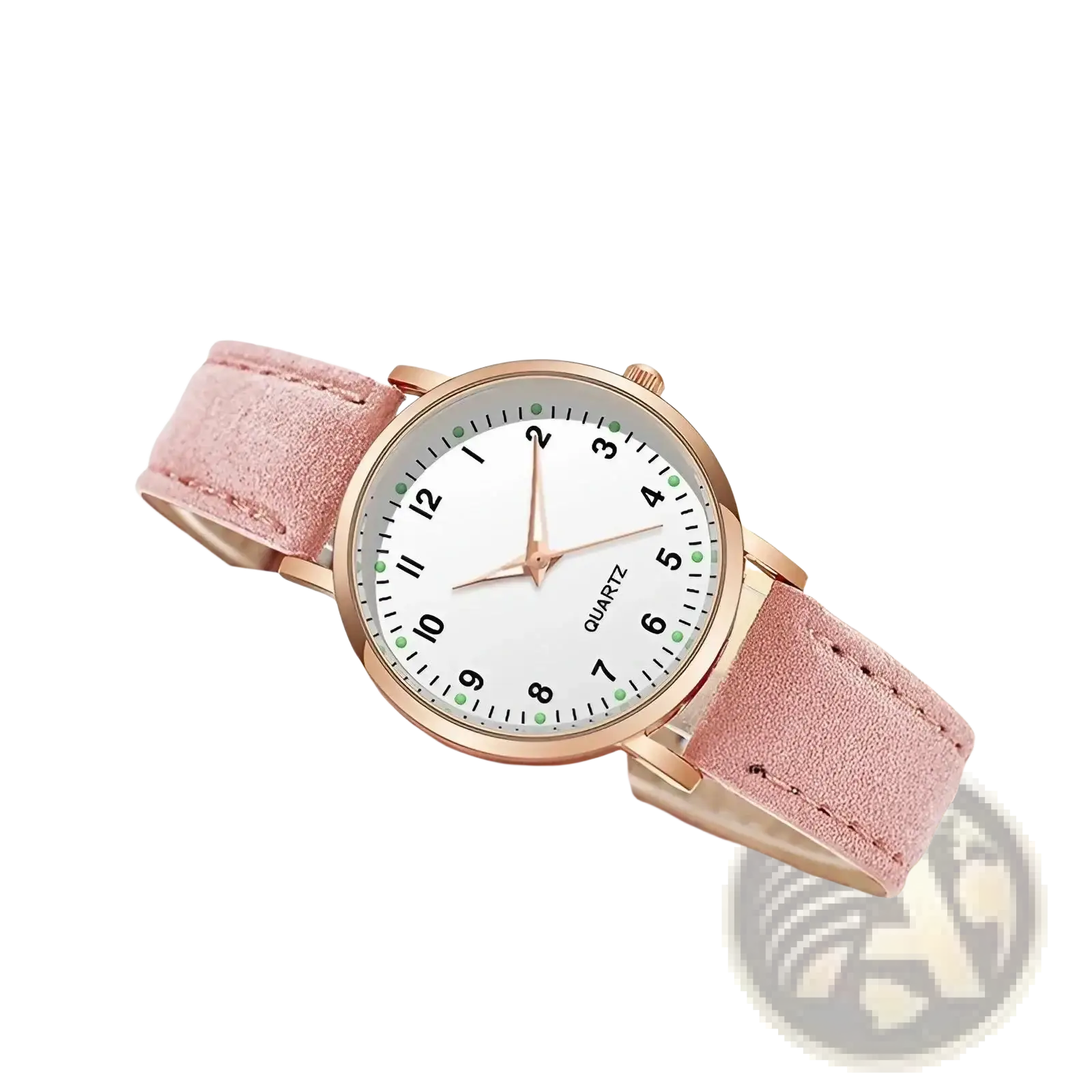 A delicate rose gold kismis quartz women quartz watch with white dial, green hour markers, and soft pink pu leather strap