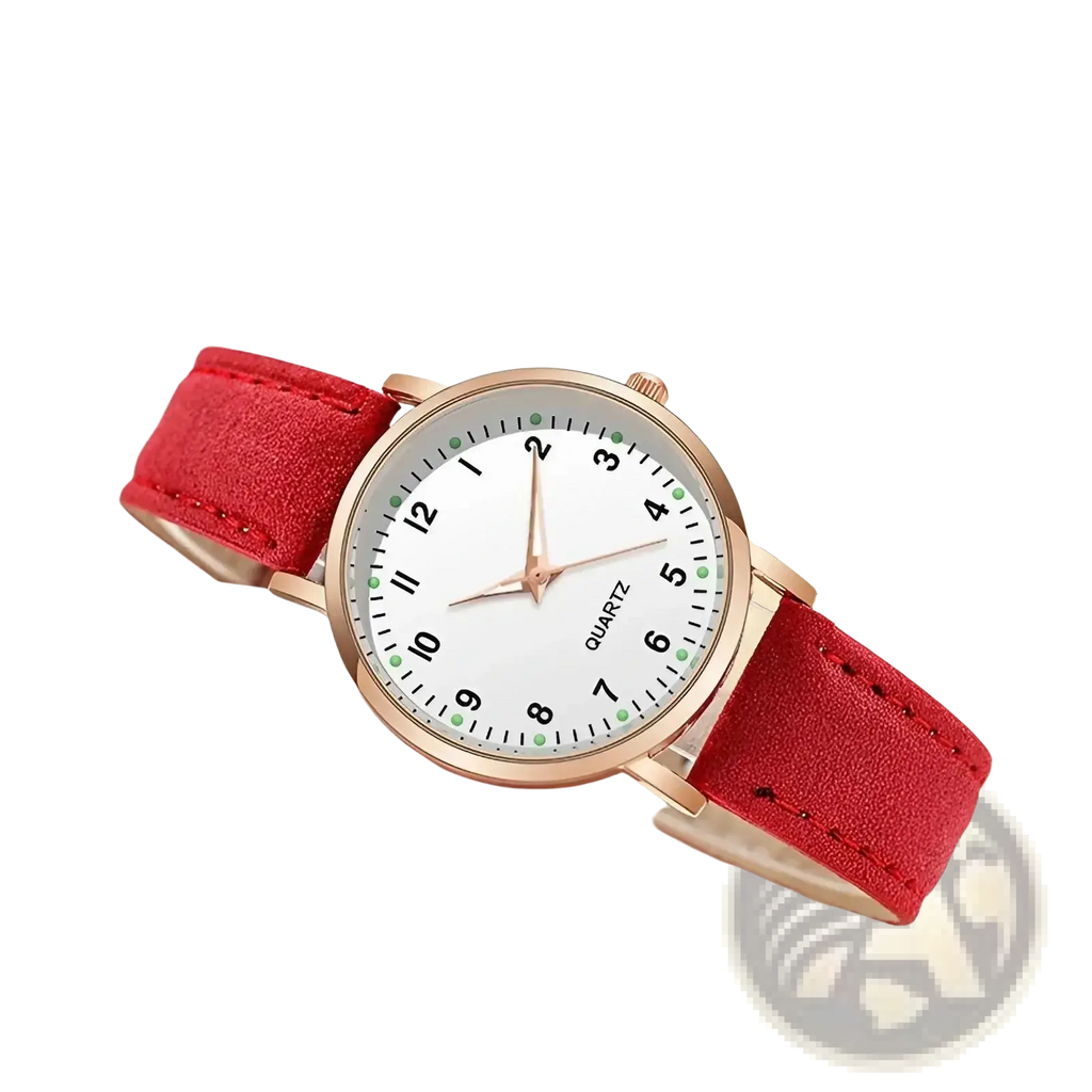 A kismis women quartz watch with white face rose gold case green hour dots and red suede leather strap