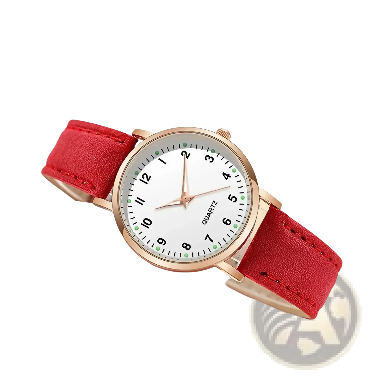 A kismis women quartz watch with white face rose gold case green hour dots and red suede leather strap