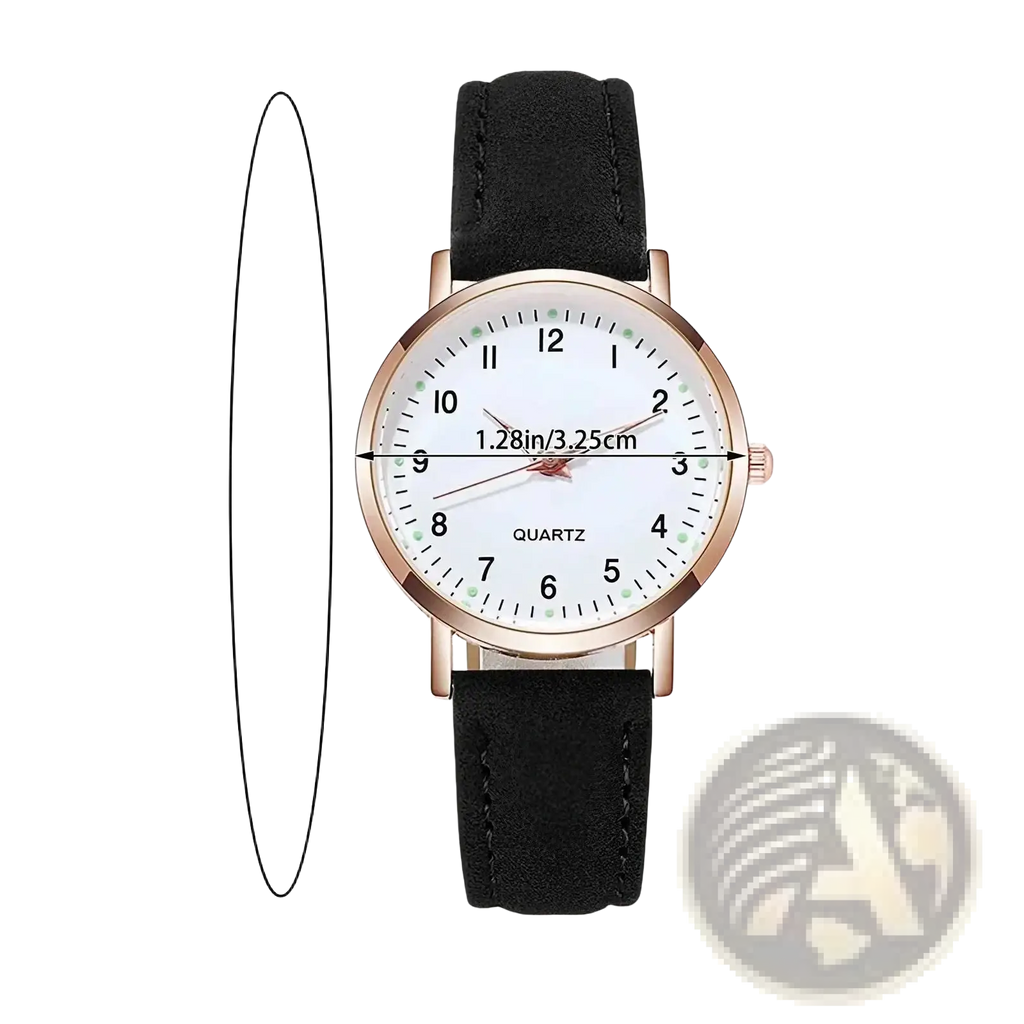 Kismis women quartz watch with white dial rose gold-tone case and black pu leather minimalist strap