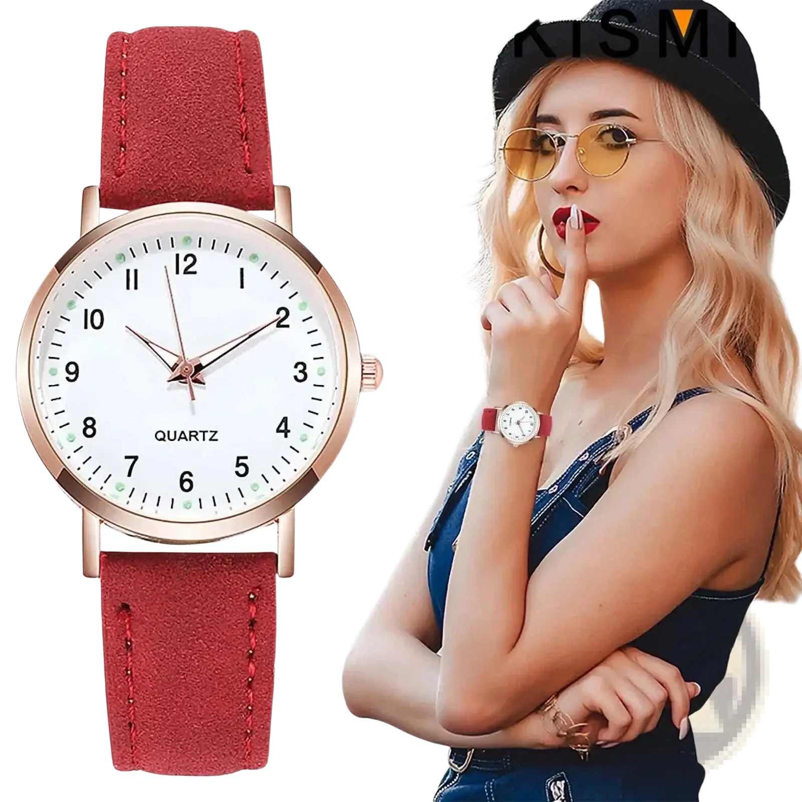 Women quartz watch with red suede strap, rose gold case, and white dial minimalist wristwatch