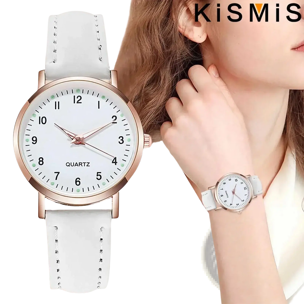 Women quartz watch with white pu leather strap rose gold-tone case and minimalist dial for elegant wristwear