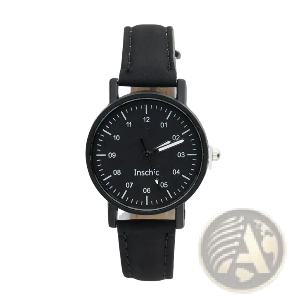 Black leather strap women quartz watch with minimalist black dial white numerals hands and inschic branding waterproof