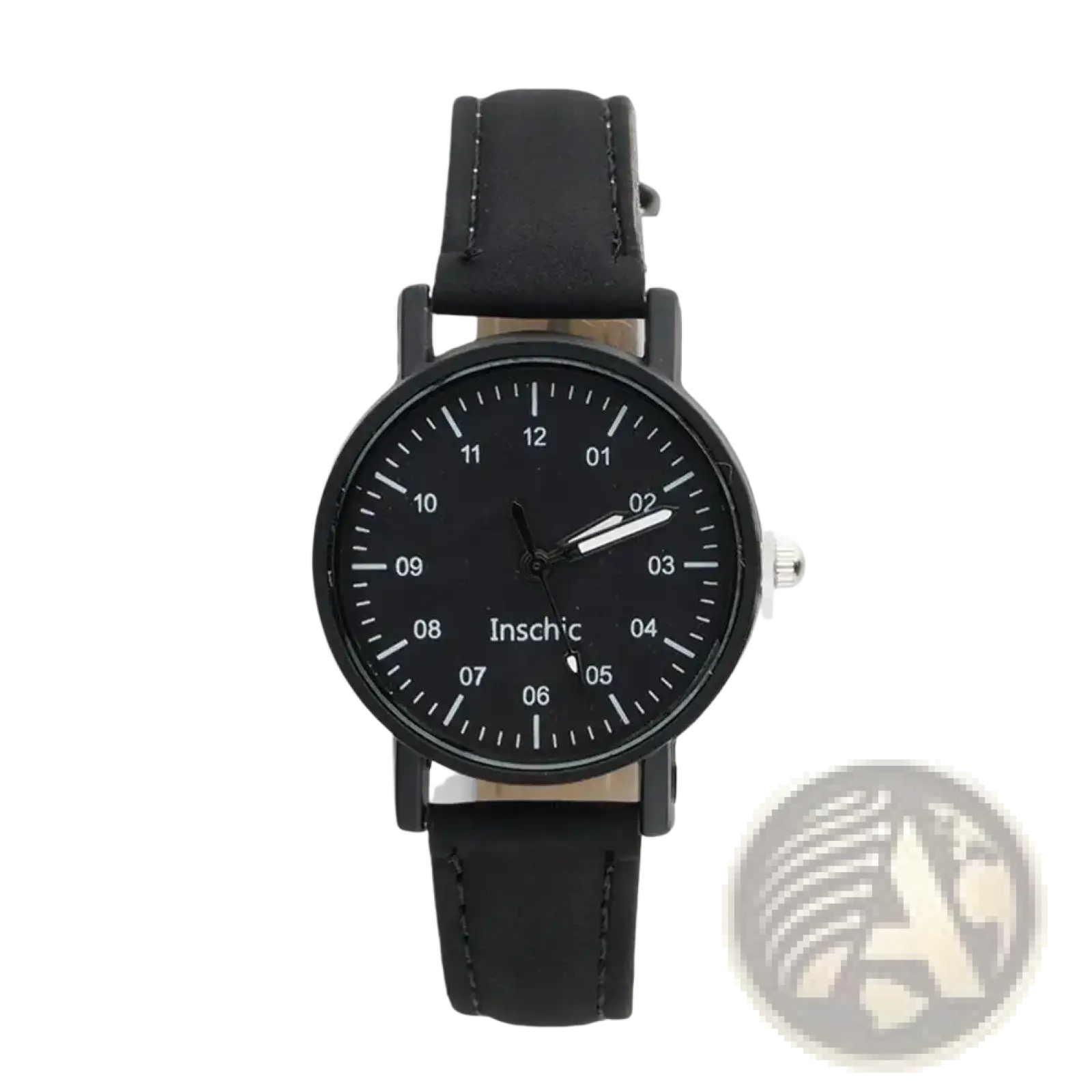 Black leather strap women quartz watch with minimalist black dial white numerals hands and inschic branding waterproof