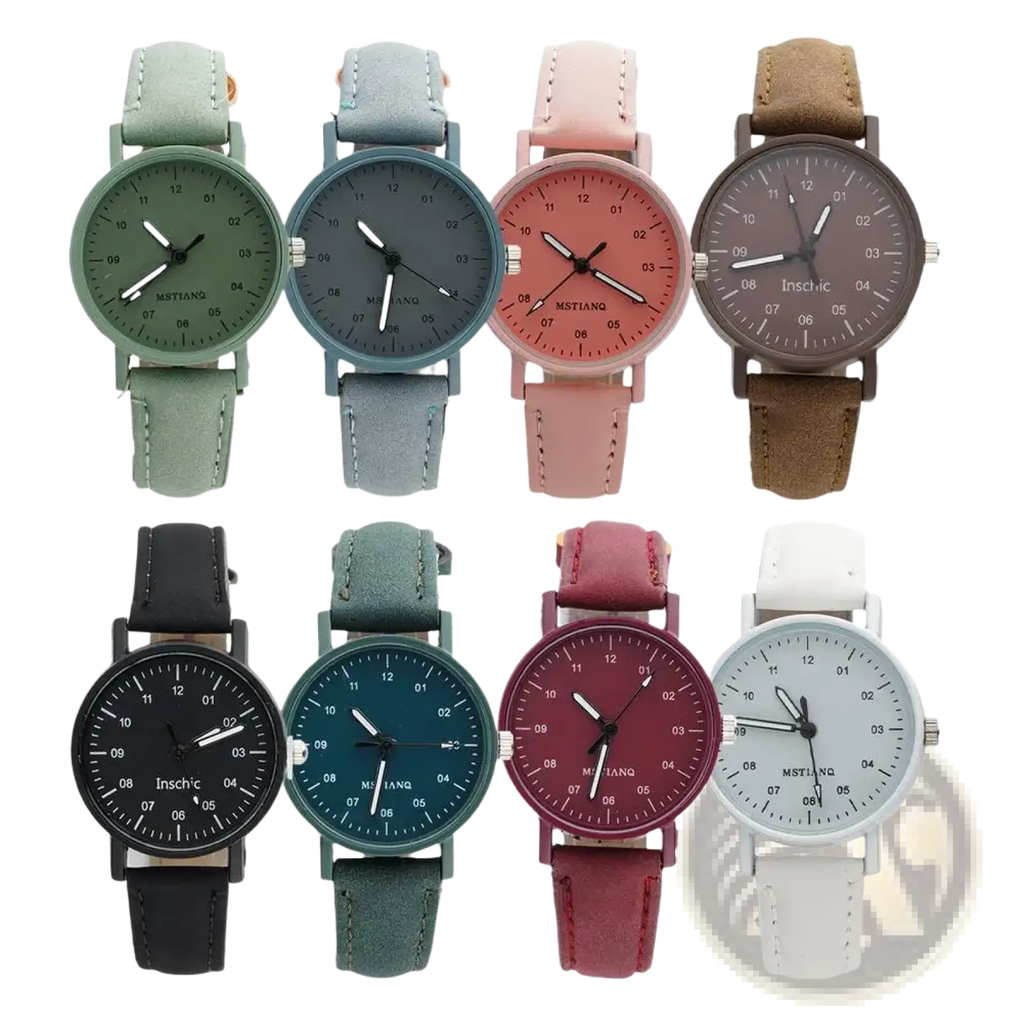 A collection of women quartz watches with minimalist round faces and suede leather straps in multiple colors by mstian