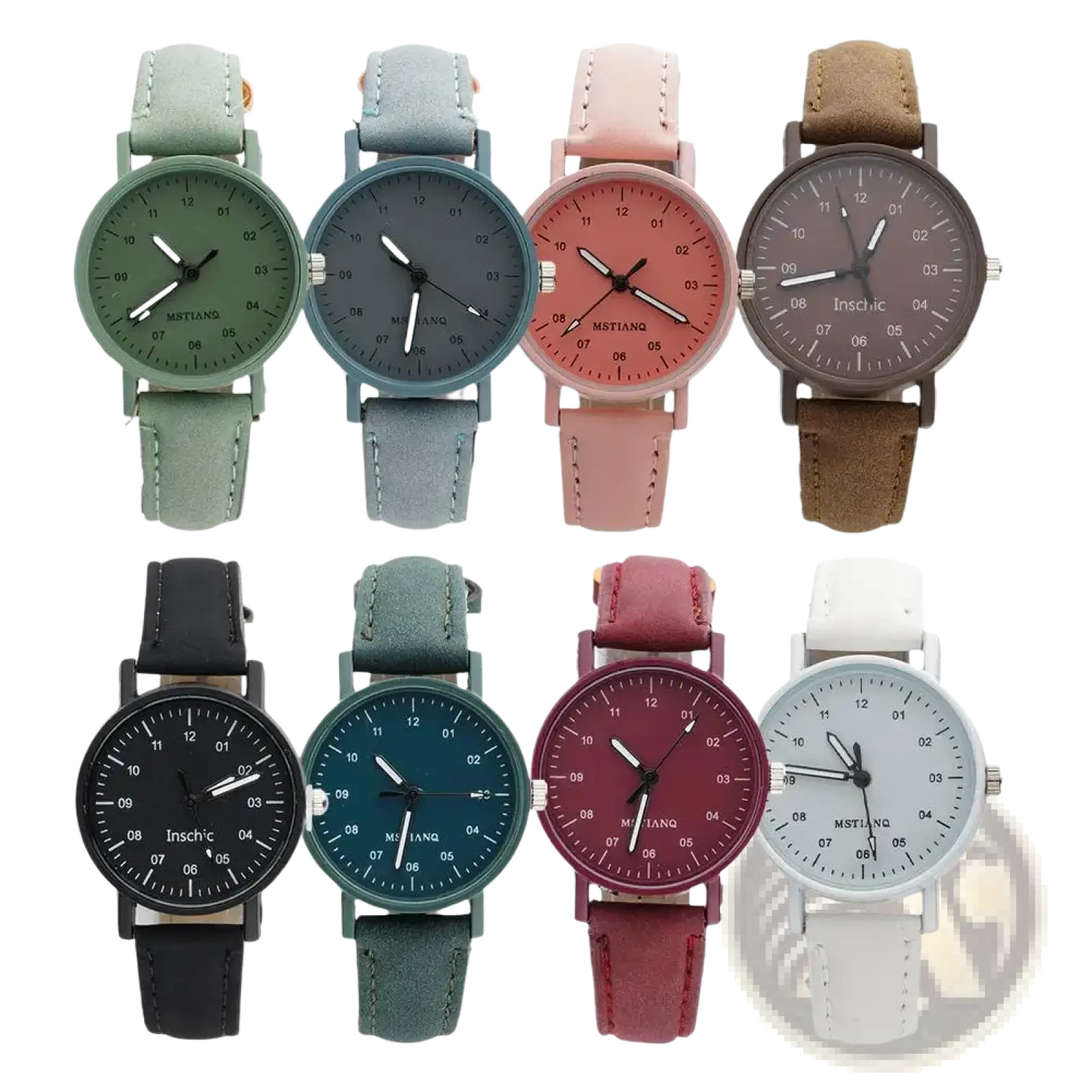 A collection of women quartz watches with minimalist round faces and suede leather straps in multiple colors by mstian