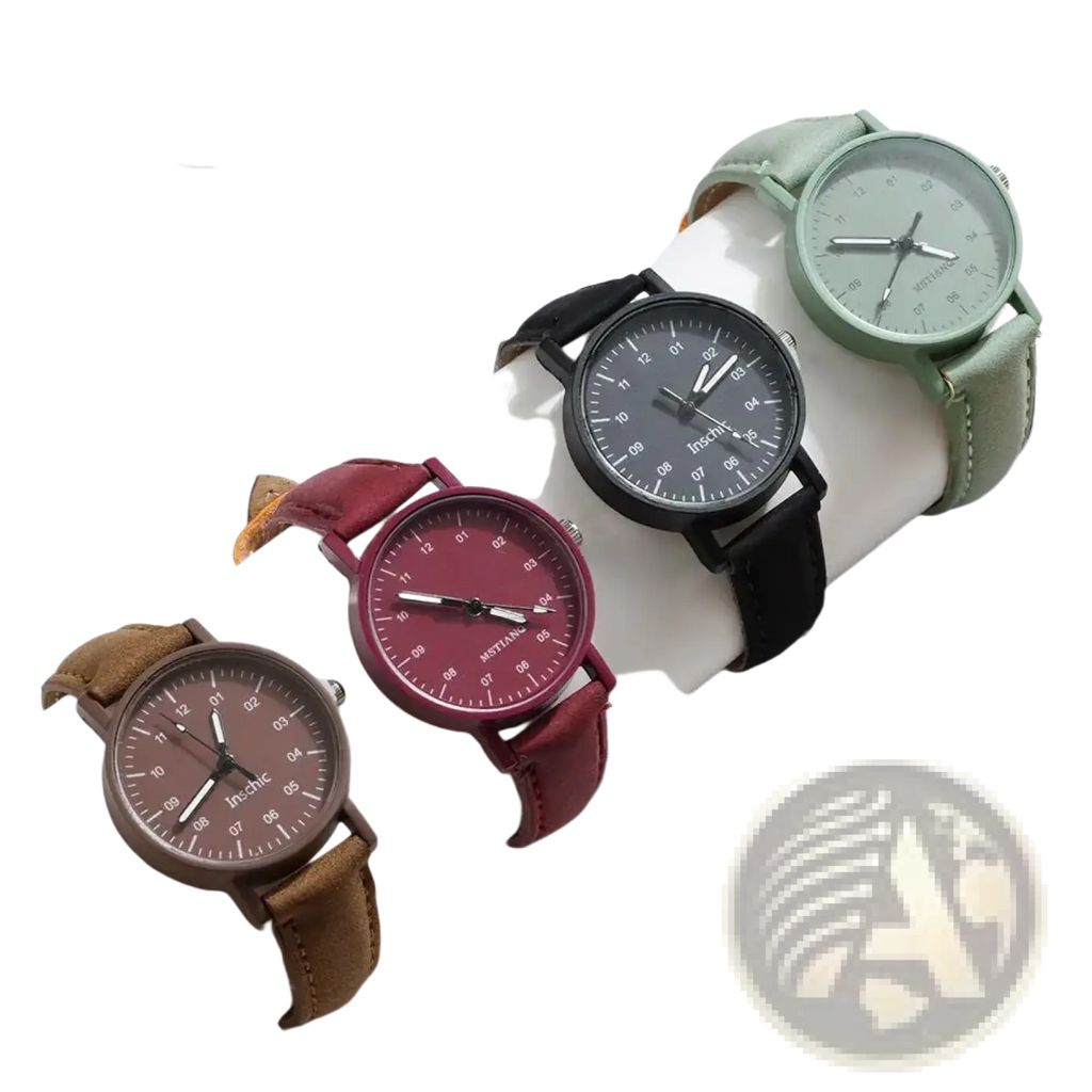 Women quartz watches with pu leather waterproof straps in brown burgundy black and sage green with minimalist faces