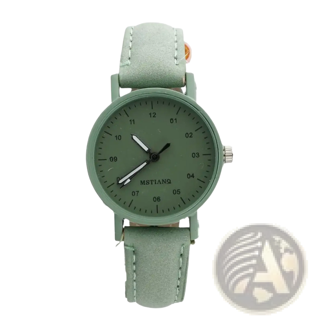 Women quartz watch by Mstiano with matte sage green pu leather strap, matching dial, and minimalist black markers