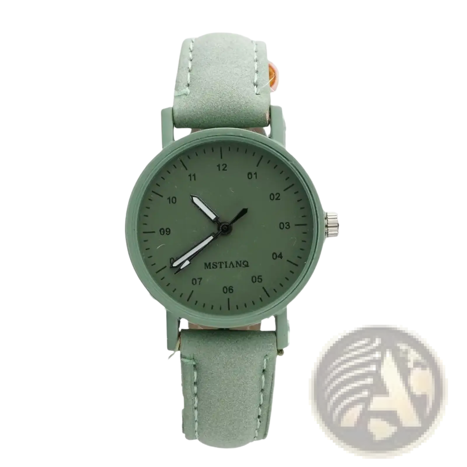 Women quartz watch by Mstiano with matte sage green pu leather strap, matching dial, and minimalist black markers