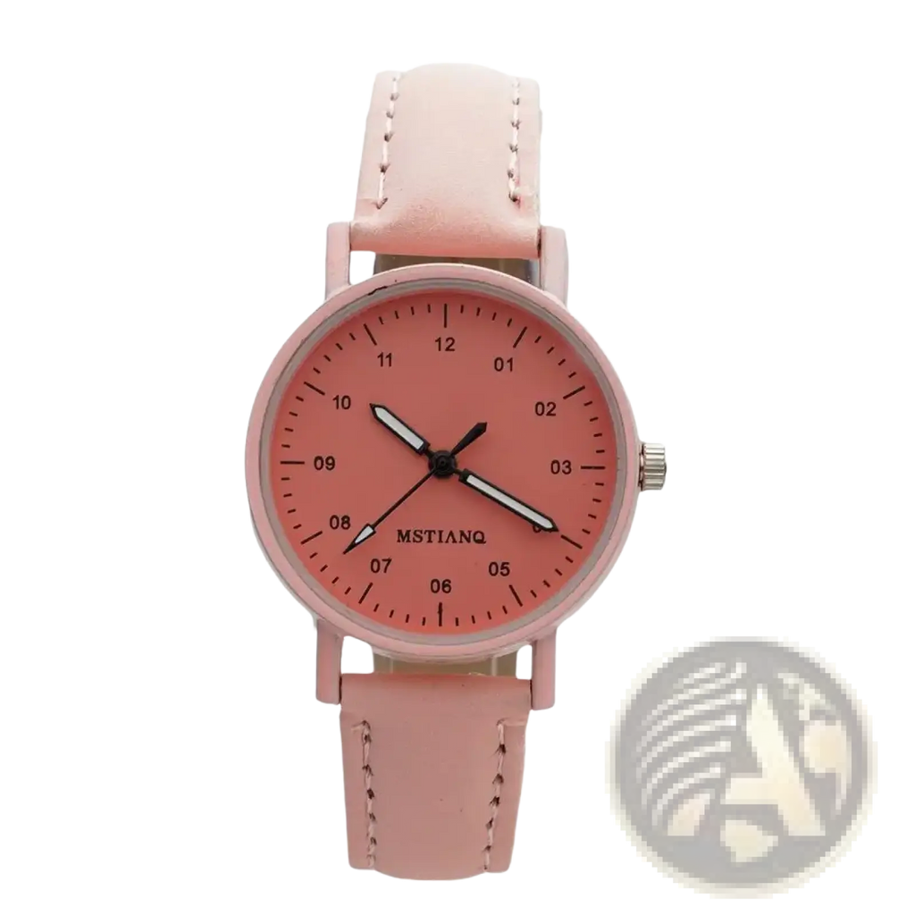 Women quartz watch with pink leather strap and dial, black hands, and mstianq branding below 12 o’clock marker