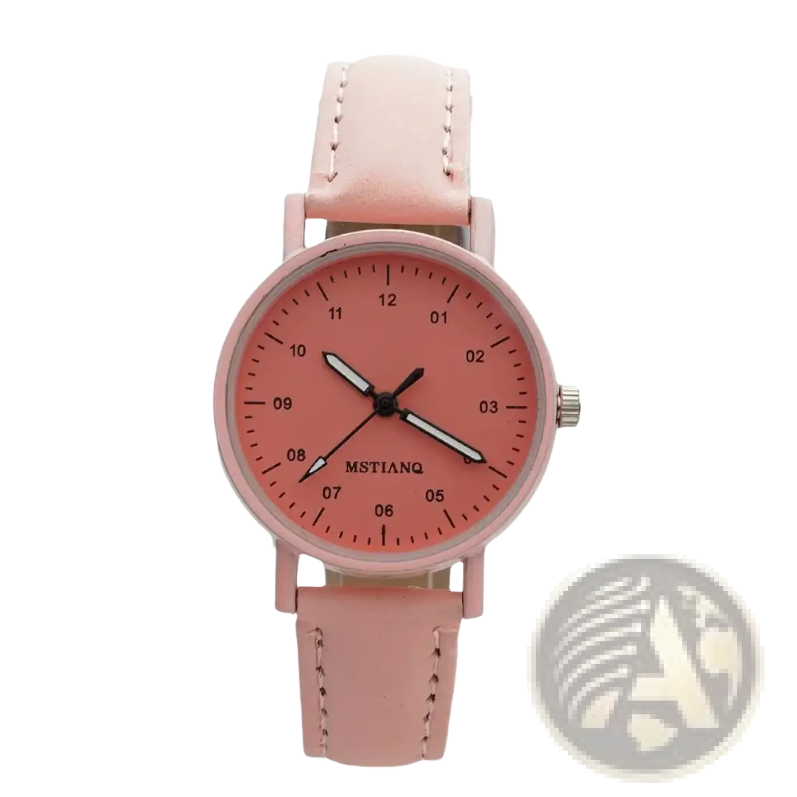 Women quartz watch with pink leather strap and dial, black hands, and mstianq branding below 12 o’clock marker