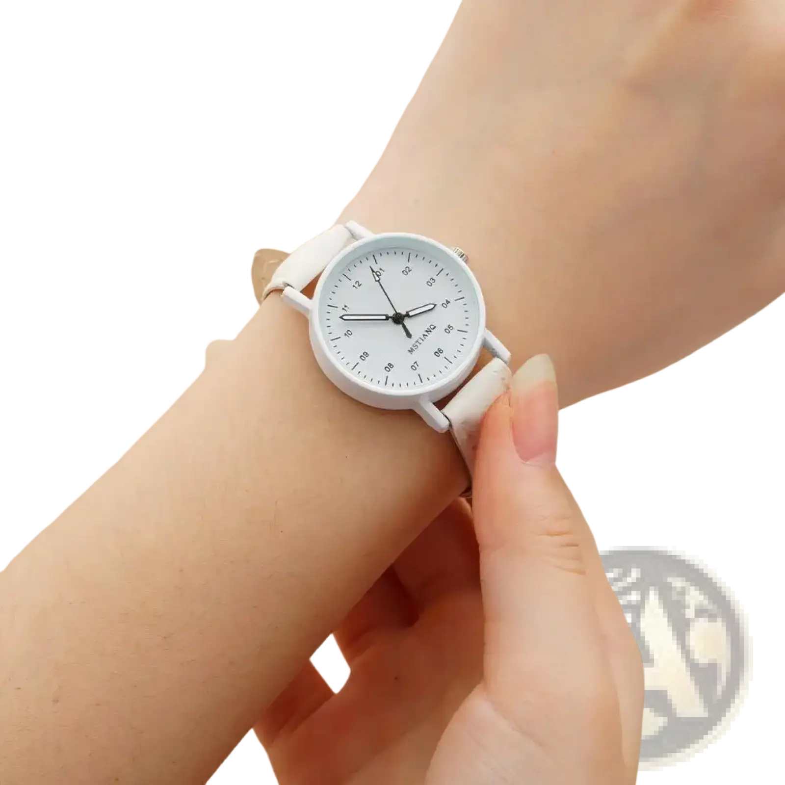 White minimalist women quartz watch with pu leather strap and waterproof feature worn on wrist with clean dial