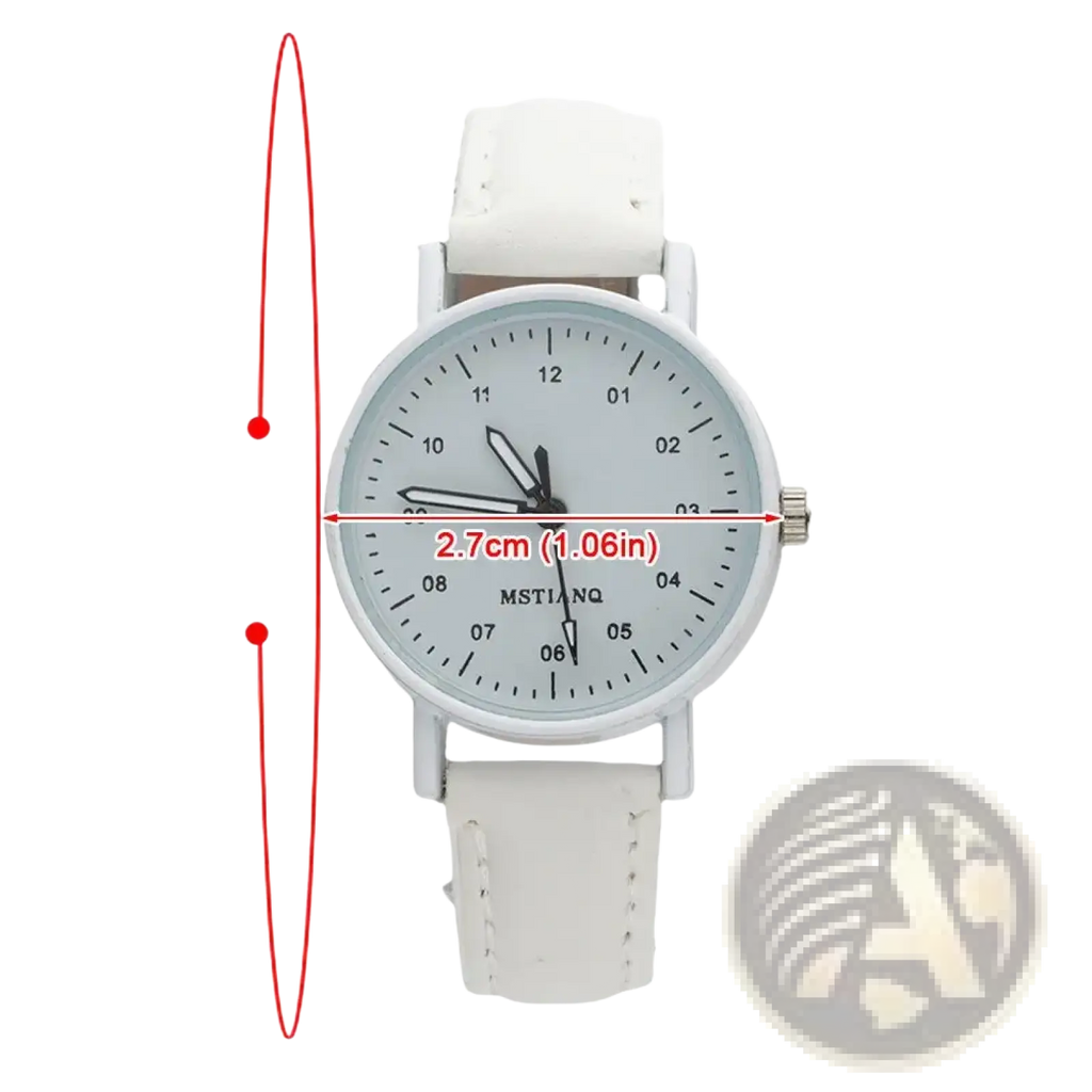 White leather strap women quartz watch with minimalist dial silver tone case and waterproof pu leather wristwatch