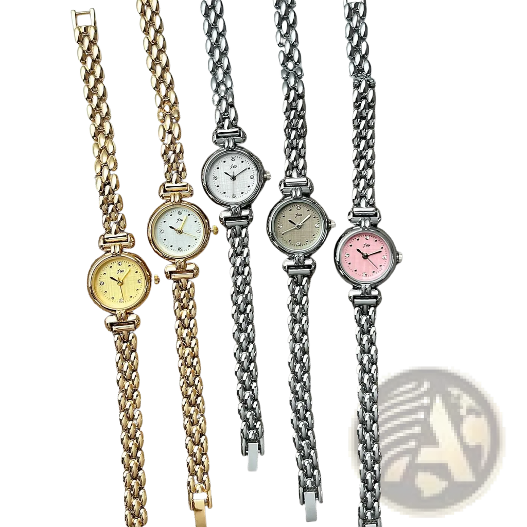 Five elegant women quartz vintage bracelet wristwatches with gold silver and pink chain-link faces on textured fabric