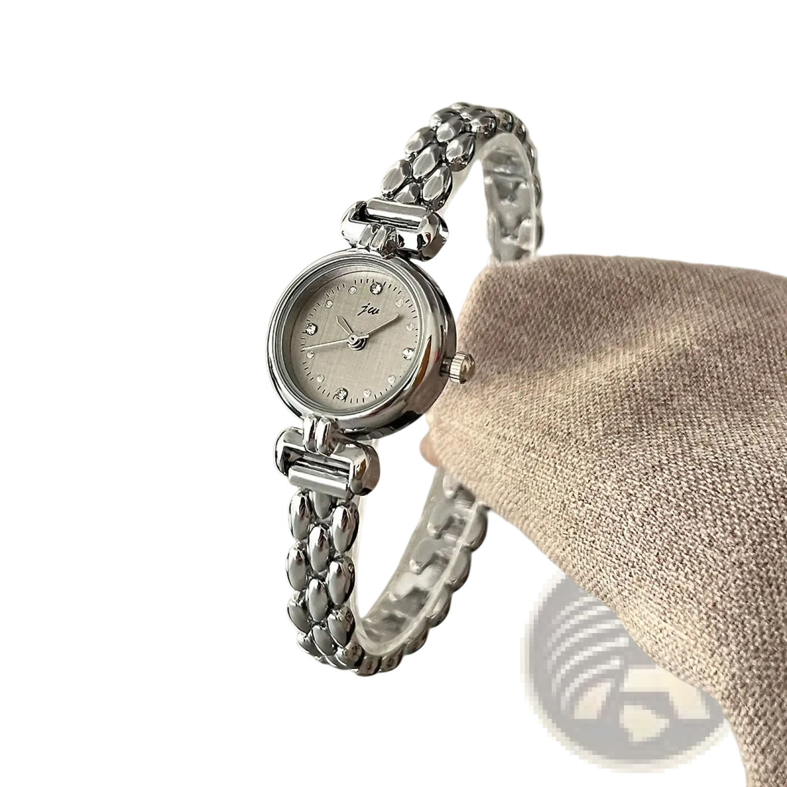 Silver-toned women quartz watch with delicate beaded metal bracelet and round face with diamond-like accents