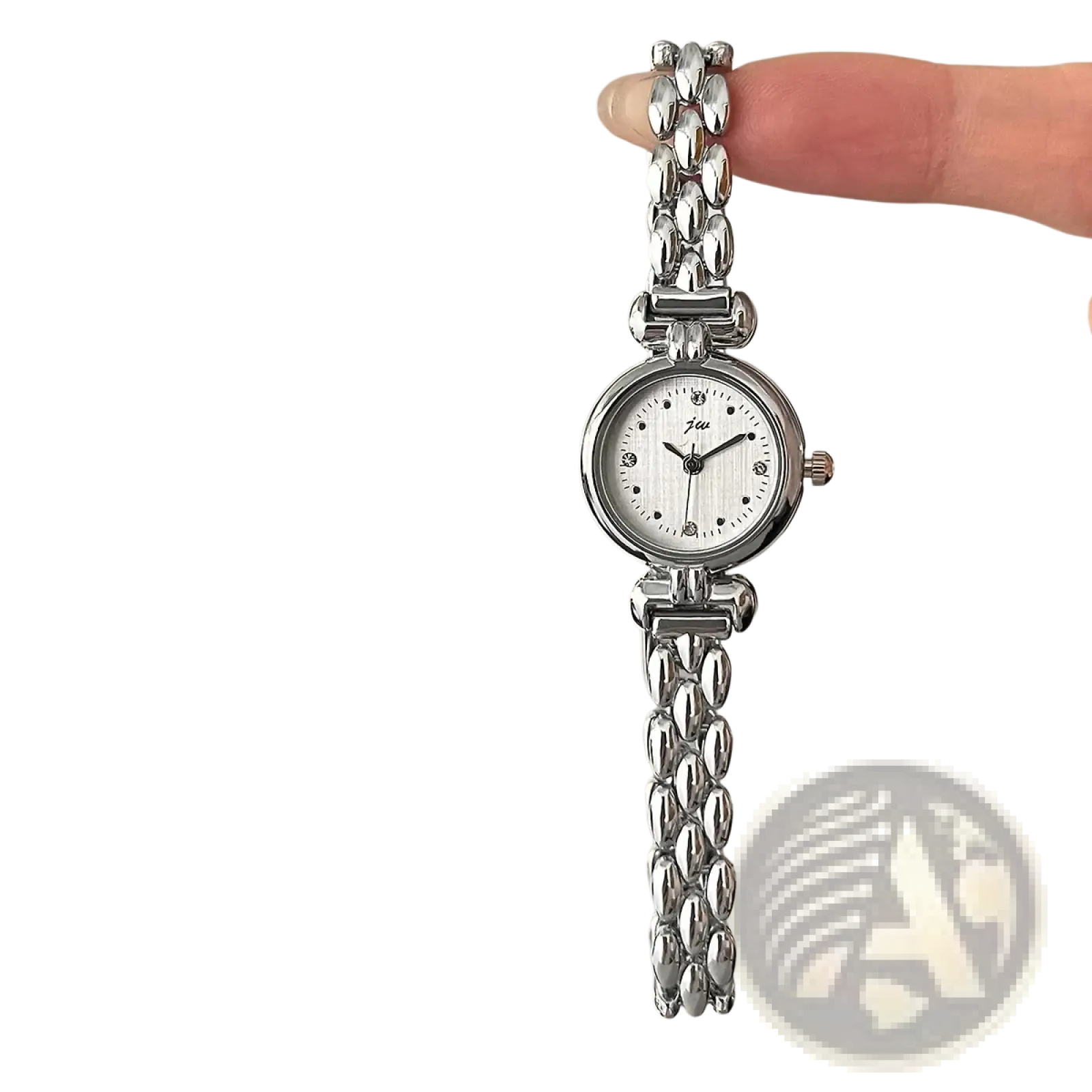 Women quartz watch vintage bracelet wristwatch with silver-toned stainless steel chain-link band and white textured dial