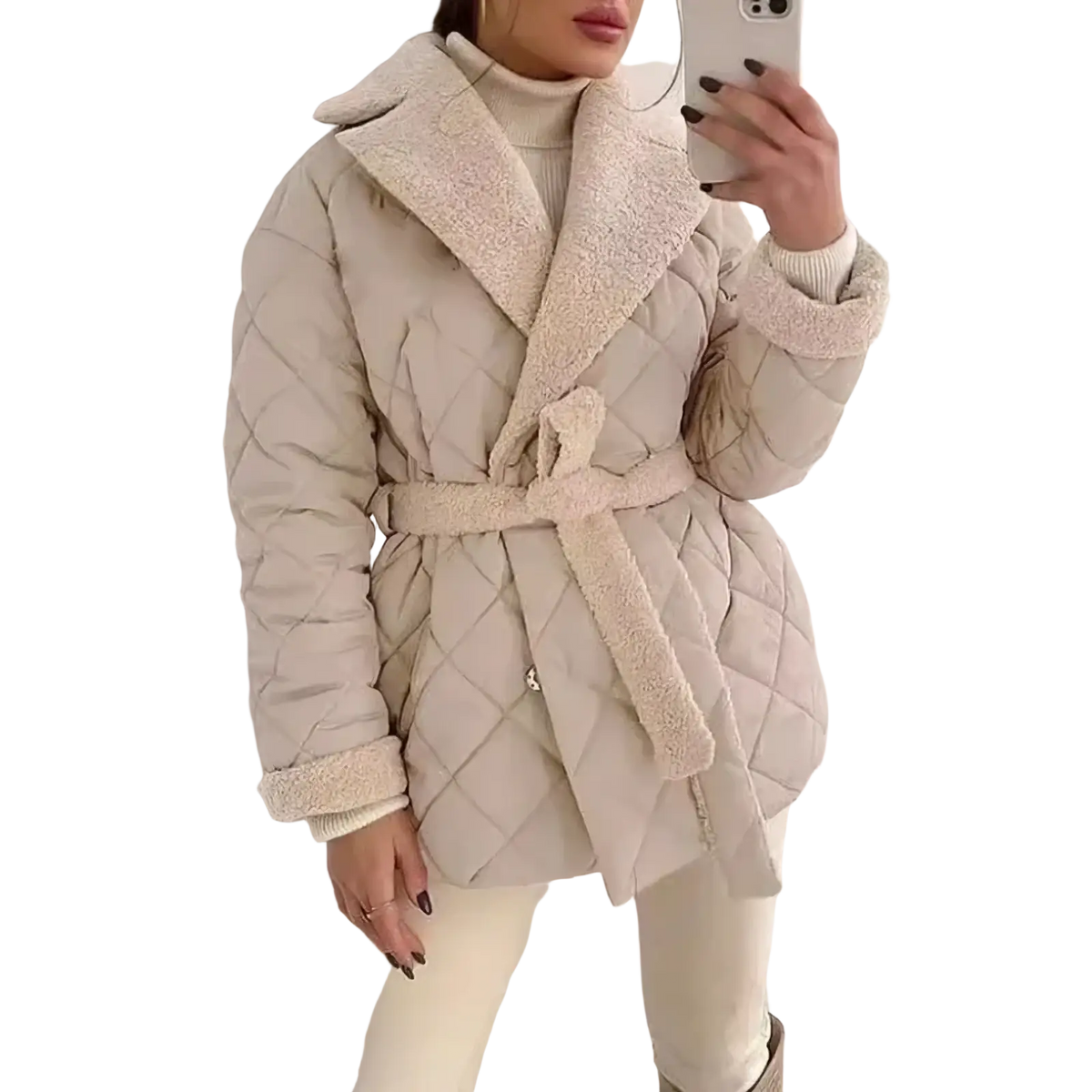 Beige quilted belted winter coat for women with plush shearling collar and cuffs made of warm material