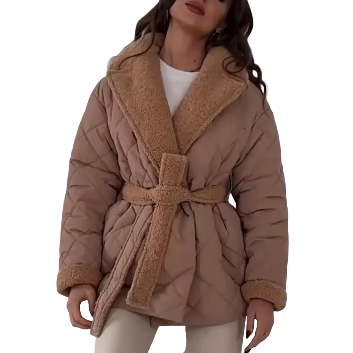 Beige women quilted belted winter coat with plush shearling collar and cuffs for cold weather comfort