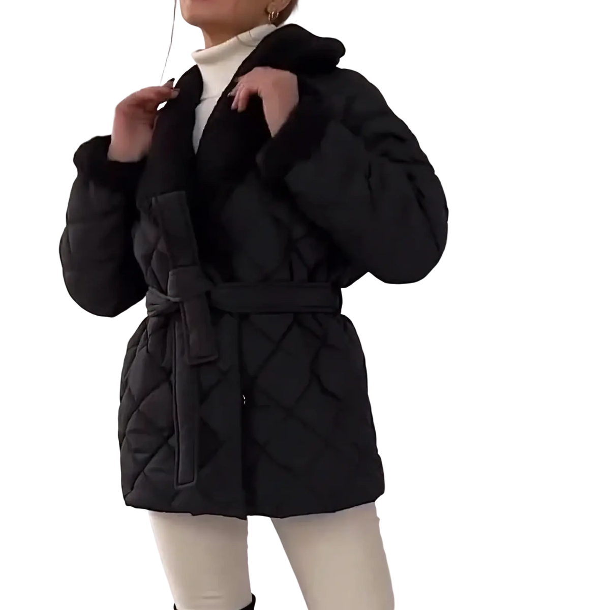 Black quilted belted winter coat with faux fur trim designed for women for cold weather wear