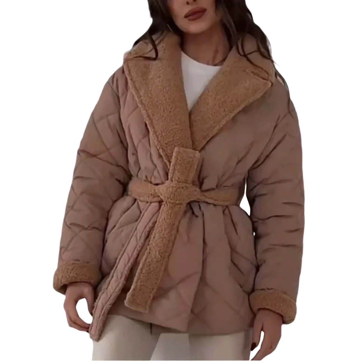 Women quilted belted winter coat in beige with plush tan shearling-lined hood and cuffs for cozy warmth