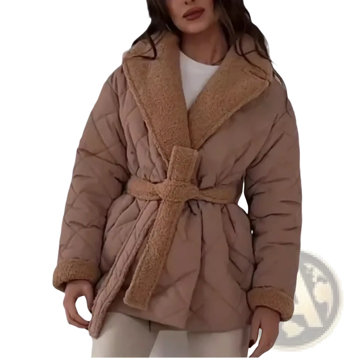 Women quilted belted winter coat in beige with plush tan shearling-lined hood and cuffs for cozy warmth