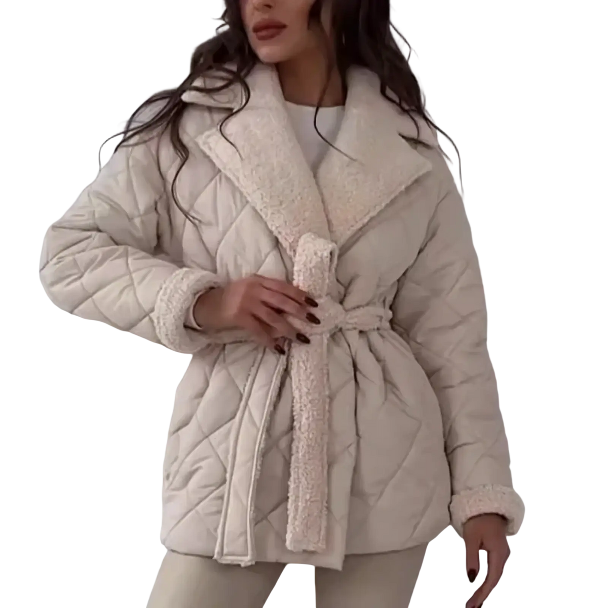 Cream-colored women quilted belted winter coat with plush textured shearling collar and cuffs
